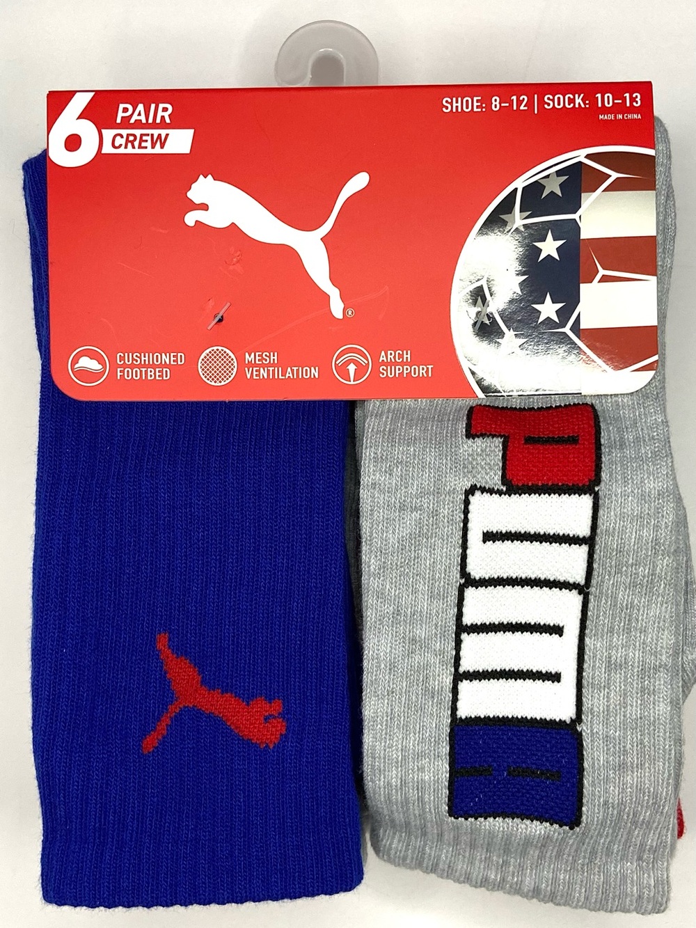 Puma Men’s Crew Socks - Blue, Gray & Red (6 Pair)